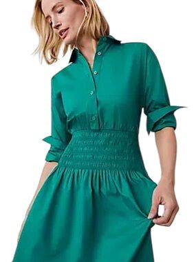 ANN TAYLOR Emerald Green Smocked Waist COTTON Flared Shirt Dress NEW